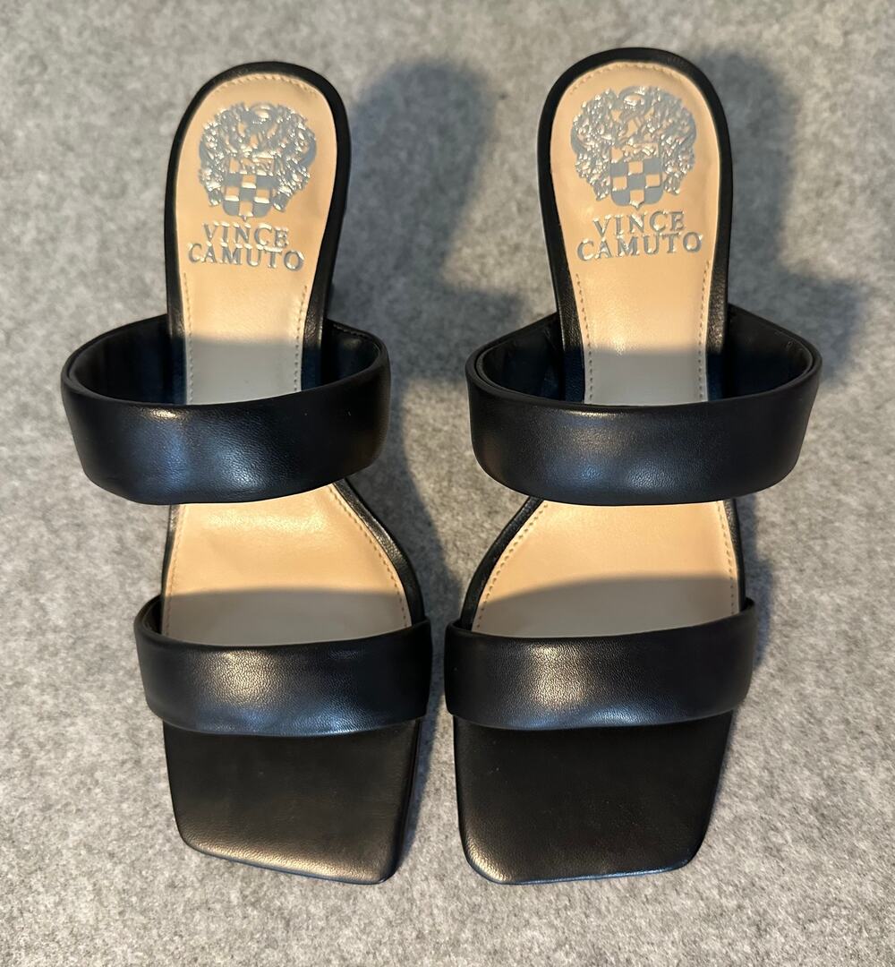 Vince Camuto Aslee Black Leather Double Strap Square Toe Heeled Sandals